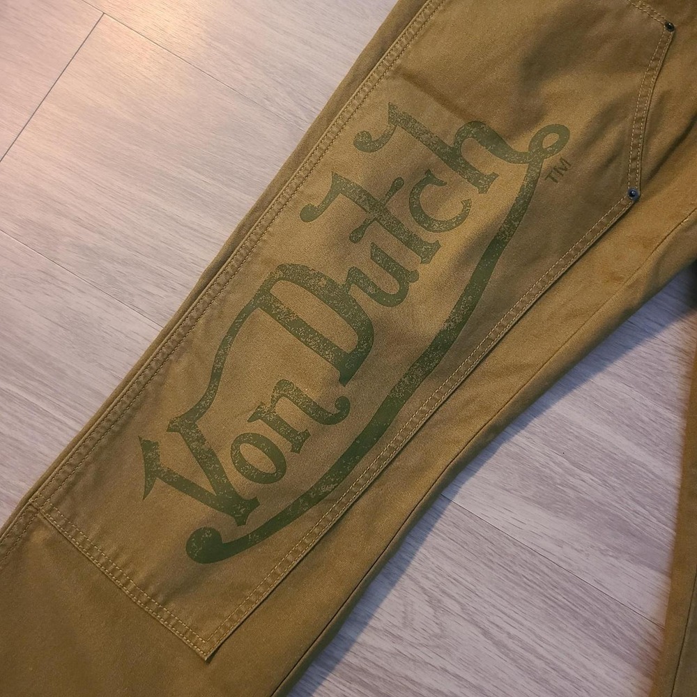Von Dutch Men's 36x32 Double Knee Carpenter Jeans Spellout Logo Olive Green NWT - Picture 3 of 7